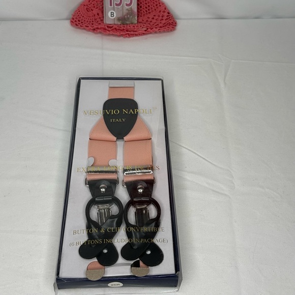 NWT in box Vesuvio Napoli Peach Suspenders Y Shape Black Elastic & Silver Clips - Picture 5 of 5